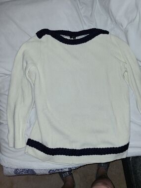 Talbots Cream Sweater with Navy Braid Trim